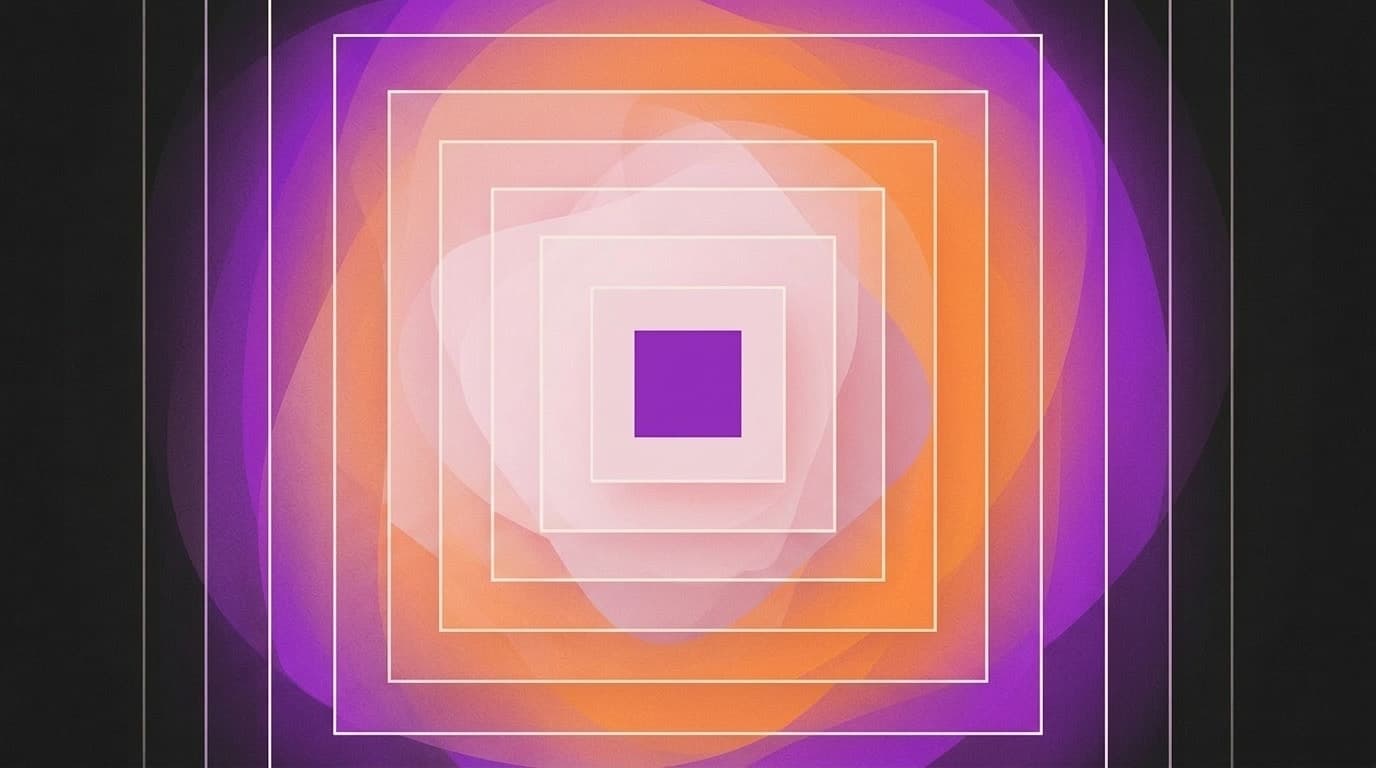 Concentric squares receding from a violet core through soft orange to deep midnight — the demo era giving way to production infrastructure